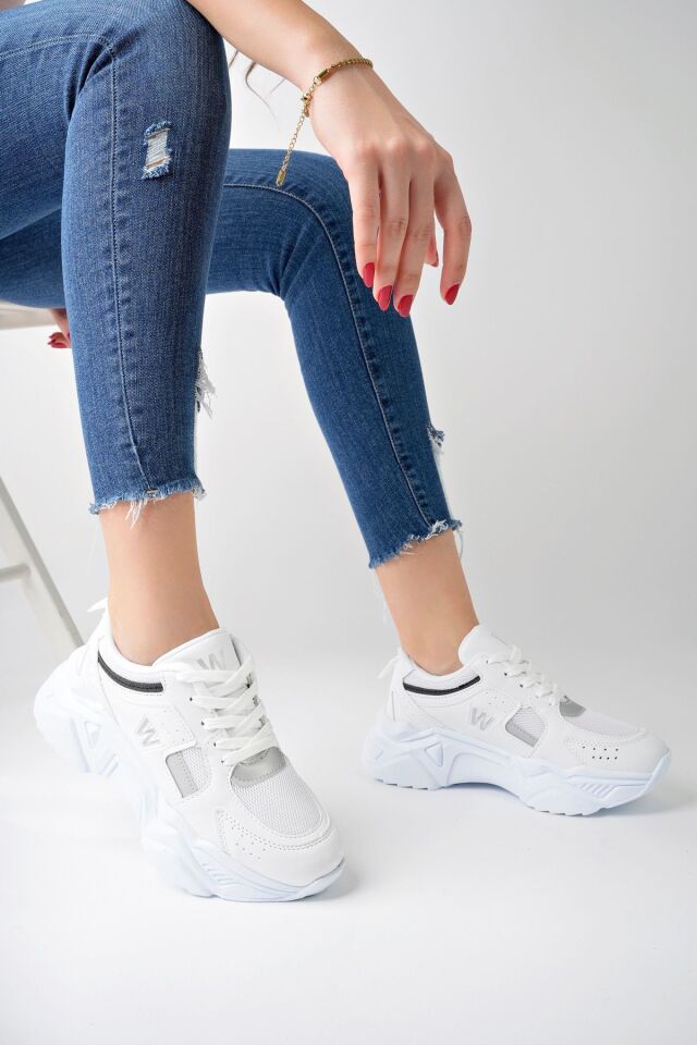 Yüksek Taban Günlük Sneaker Ayakkabı Alina Beyaz Gümüş - 38