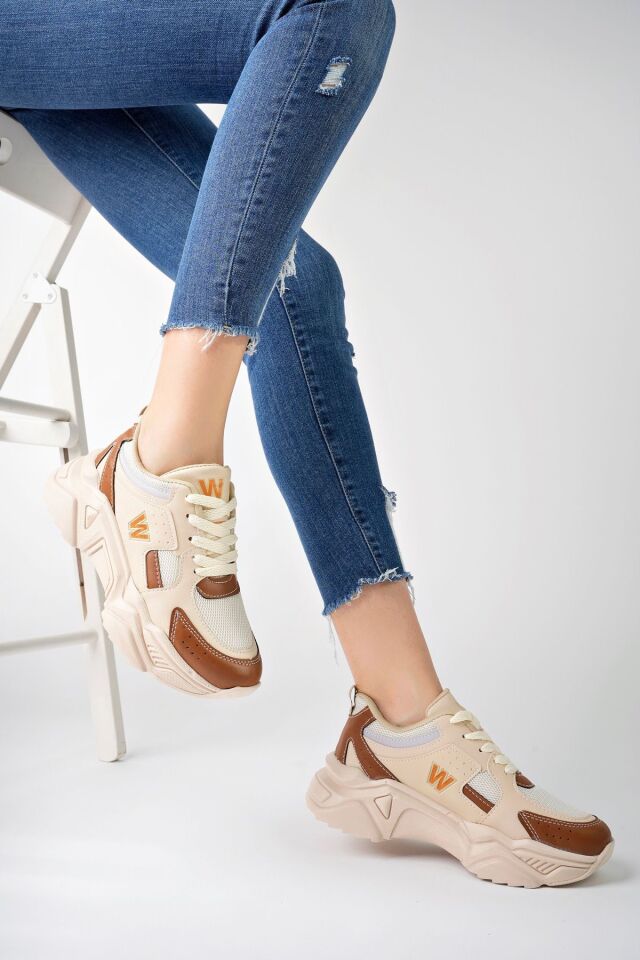 Yüksek Taban Günlük Sneaker Ayakkabı Alina Bej Taba - 38