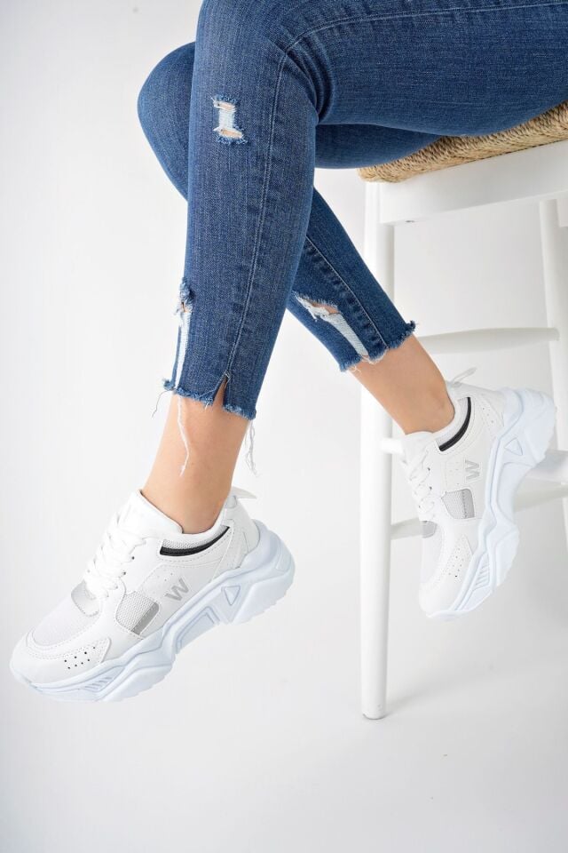 Yüksek Taban Günlük Sneaker Ayakkabı Alina Beyaz Gümüş - 37