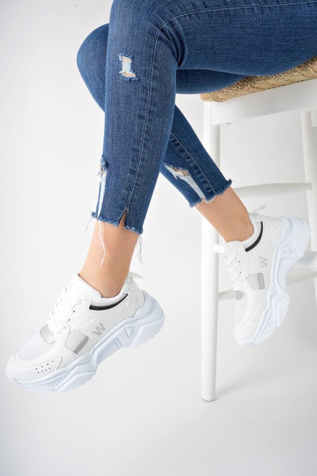 Yüksek Taban Günlük Sneaker Ayakkabı Alina Beyaz Gümüş - 39