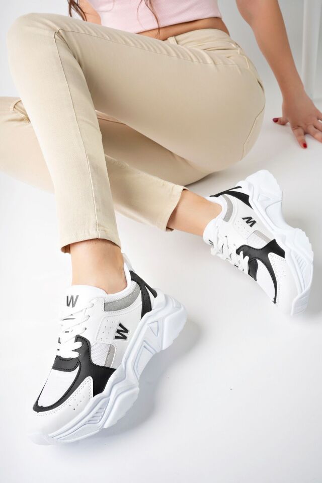 Yüksek Taban Günlük Sneaker Ayakkabı Alina Beyaz Siyah - 38