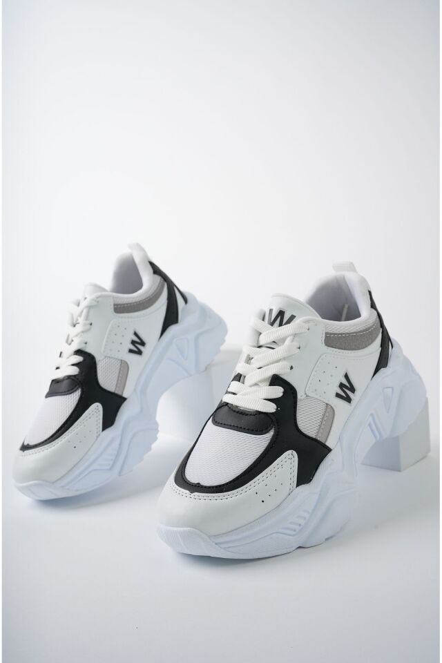 Yüksek Taban Günlük Sneaker Ayakkabı Alina Beyaz Siyah - 38