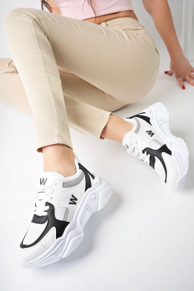 Yüksek Taban Günlük Sneaker Ayakkabı Alina Beyaz Siyah - 40