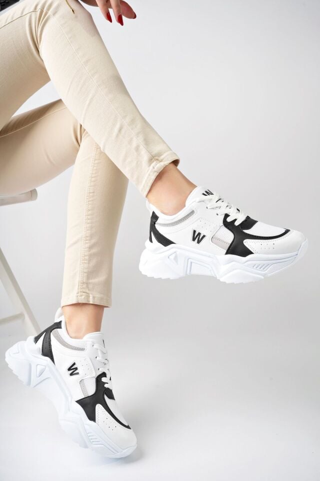 Yüksek Taban Günlük Sneaker Ayakkabı Alina Beyaz Siyah - 40