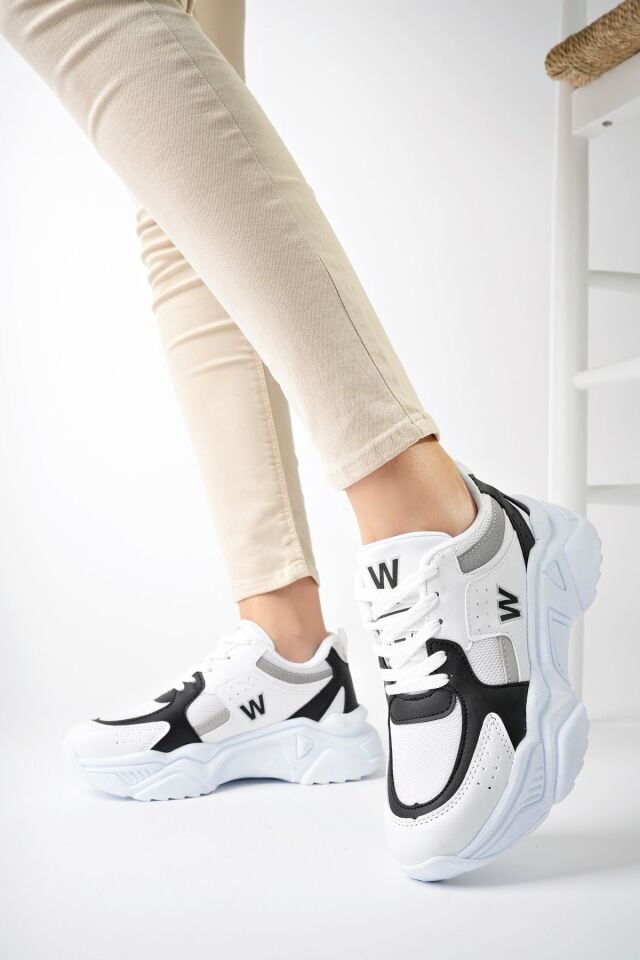 Yüksek Taban Günlük Sneaker Ayakkabı Alina Beyaz Siyah - 39