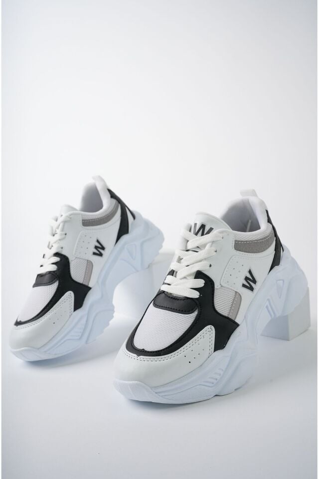 Yüksek Taban Günlük Sneaker Ayakkabı Alina Beyaz Siyah - 39