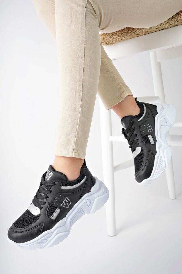 Yüksek Taban Günlük Sneaker Ayakkabı Alina Siyah Gümüş - 40