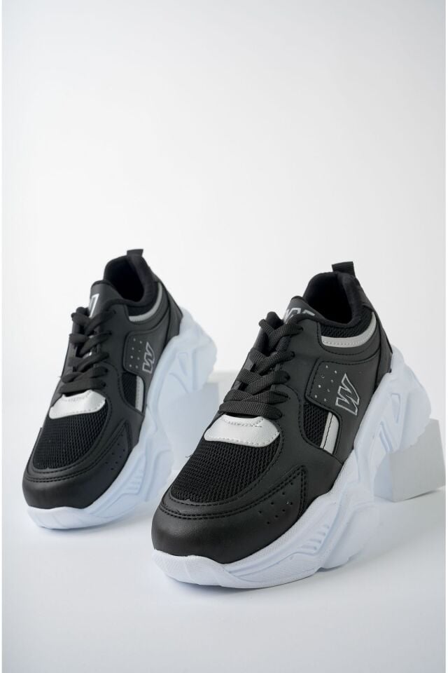Yüksek Taban Günlük Sneaker Ayakkabı Alina Siyah Gümüş - 40