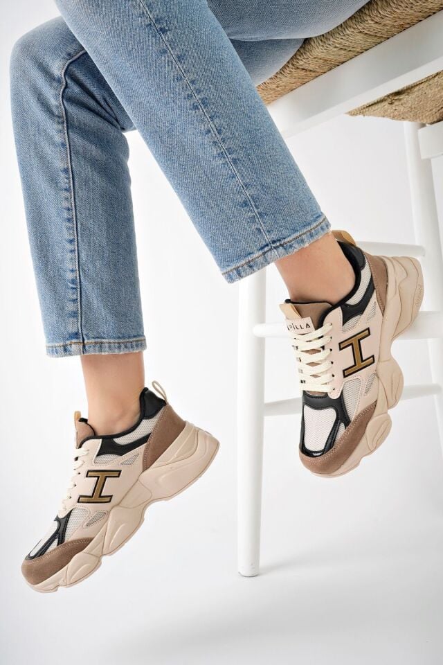 Kadın Sneaker Yüksek Taban Ayakkabı Milena Bej Siyah - 40