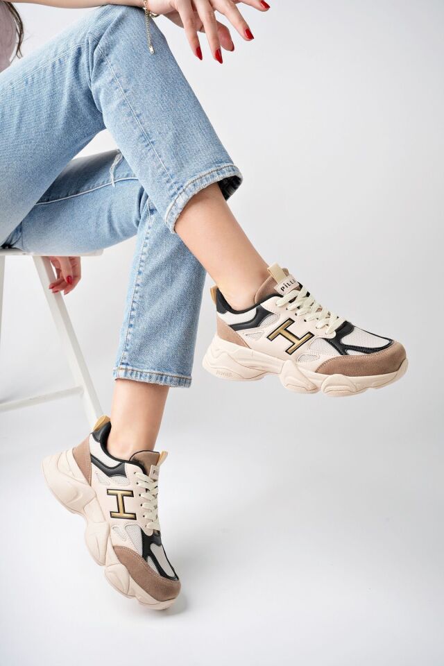 Kadın Sneaker Yüksek Taban Ayakkabı Milena Bej Siyah - 36