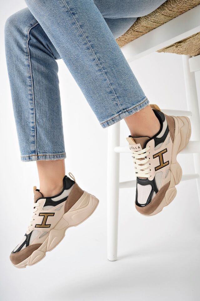 Kadın Sneaker Yüksek Taban Ayakkabı Milena Bej Siyah - 36