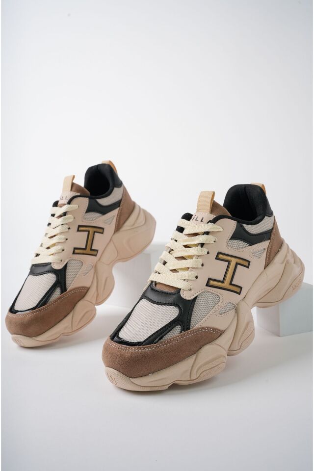Kadın Sneaker Yüksek Taban Ayakkabı Milena Bej Siyah - 36