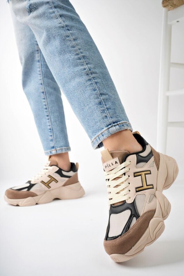 Kadın Sneaker Yüksek Taban Ayakkabı Milena Bej Siyah - 38