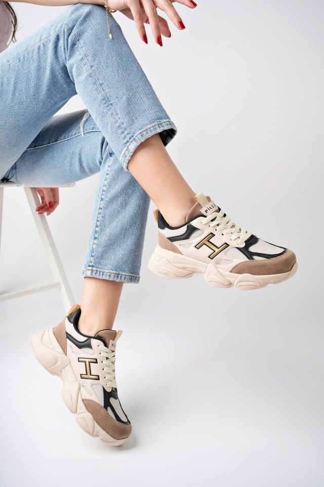 Kadın Sneaker Yüksek Taban Ayakkabı Milena Bej Siyah - 37