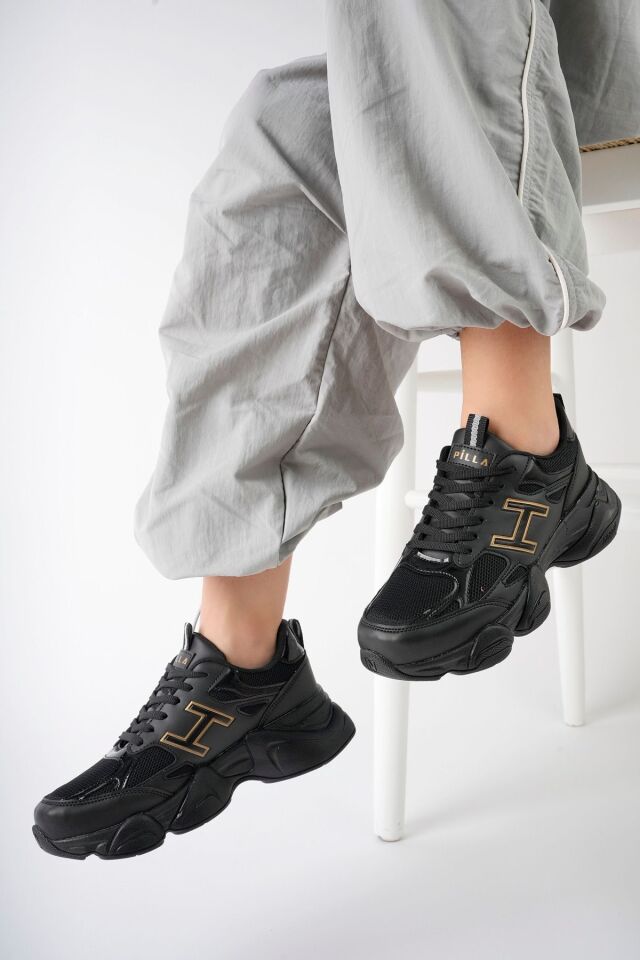 Kadın Sneaker Yüksek Taban Ayakkabı Milena Siyah Altın - 38