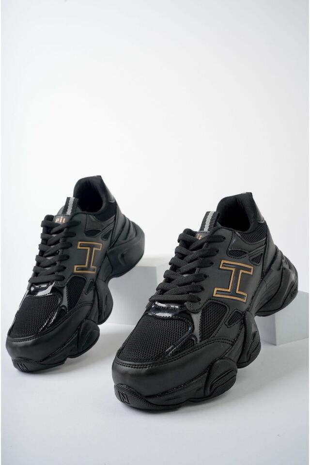 Kadın Sneaker Yüksek Taban Ayakkabı Milena Siyah Altın - 38