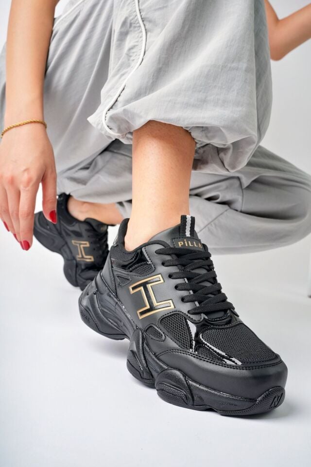 Kadın Sneaker Yüksek Taban Ayakkabı Milena Siyah Altın - 37