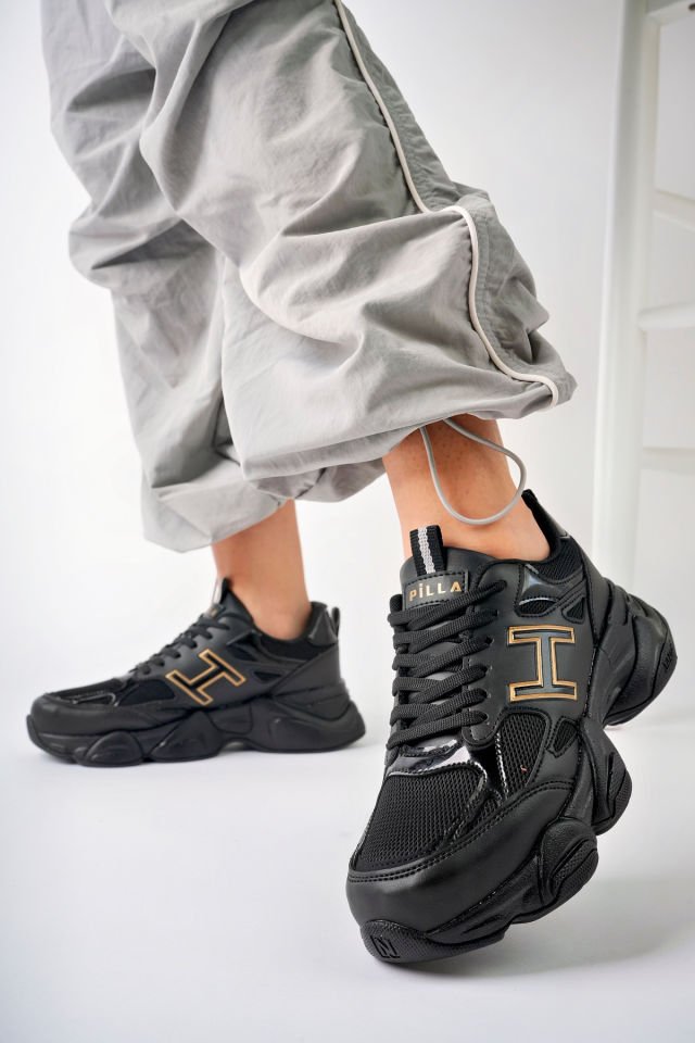 Kadın Sneaker Yüksek Taban Ayakkabı Milena Siyah Altın - 40
