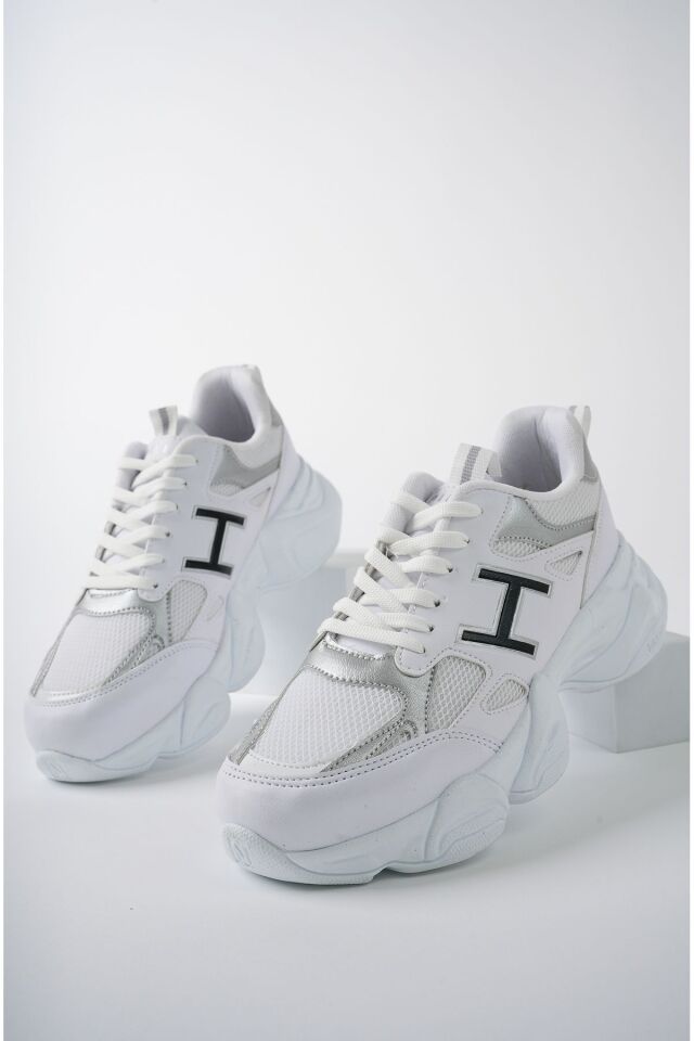Kadın Sneaker Yüksek Taban Ayakkabı Milena Beyaz Gümüş - 37