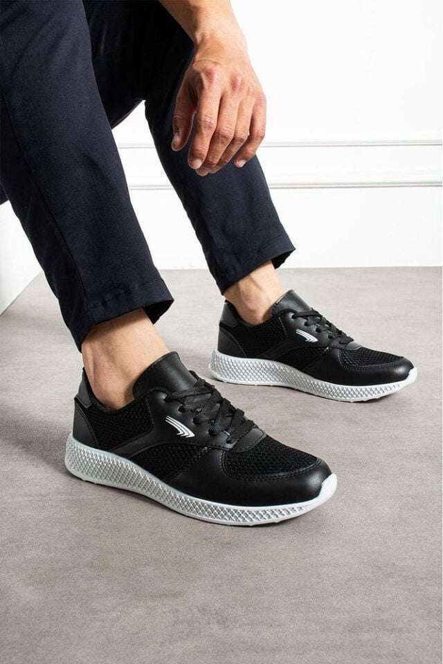 Erkek Sneaker Fileli Günlük Rahat Ayakkabı Olyra Siyah Beyaz - 43