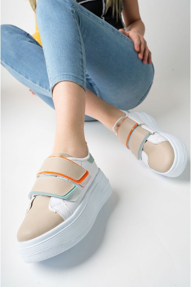 Kadın Bantlı Günlük Yüksek Taban Ayakkabı Miraya Beyaz Bej - 39