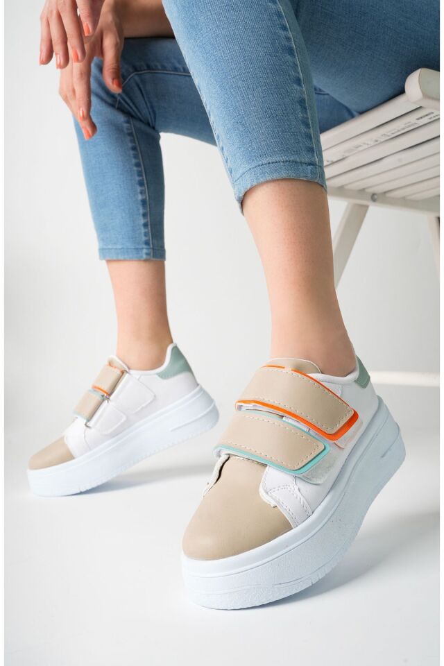 Kadın Bantlı Günlük Yüksek Taban Ayakkabı Miraya Beyaz Bej - 38