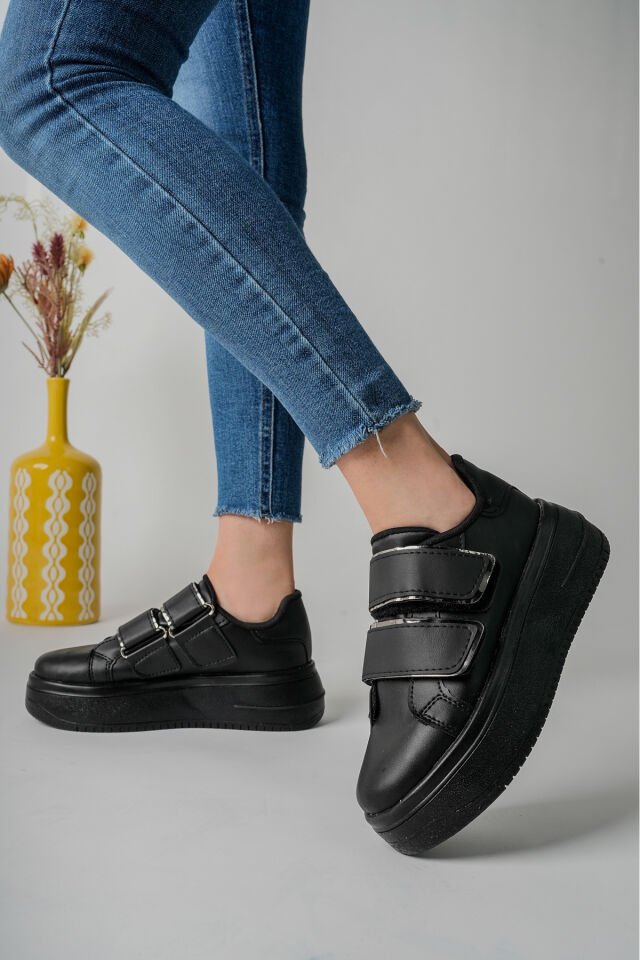 Kadın Bantlı Günlük Yüksek Taban Ayakkabı Miraya Siyah Gümüş - 38