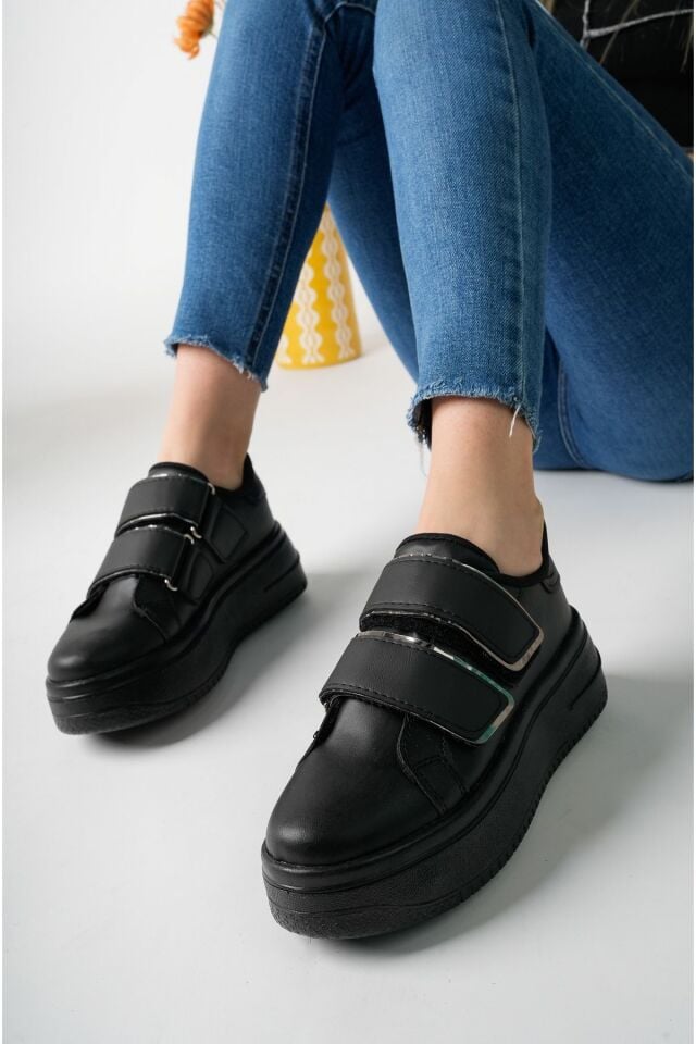 Kadın Bantlı Günlük Yüksek Taban Ayakkabı Miraya Siyah Gümüş - 36