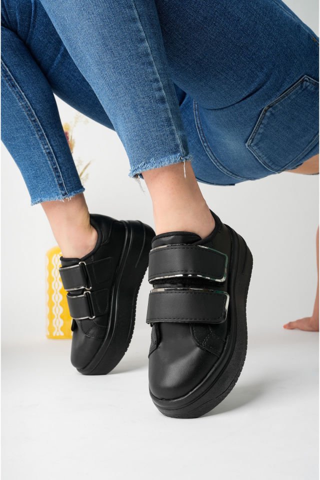 Kadın Bantlı Günlük Yüksek Taban Ayakkabı Miraya Siyah Gümüş - 39