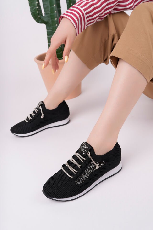 Kadın Taş Detaylı Triko Günlük Ayakkabı Aurina Siyah - 37