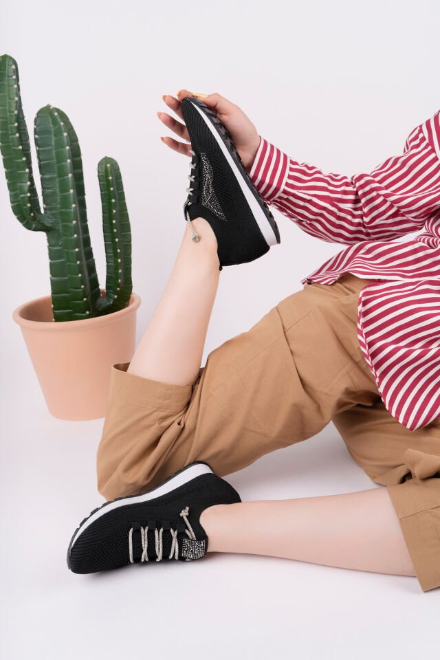 Kadın Taş Detaylı Triko Günlük Ayakkabı Aurina Siyah - 37