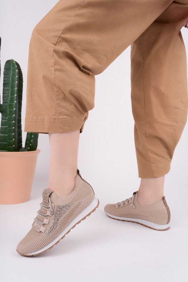 Kadın Taş Detaylı Triko Günlük Ayakkabı Aurina Bej - 39