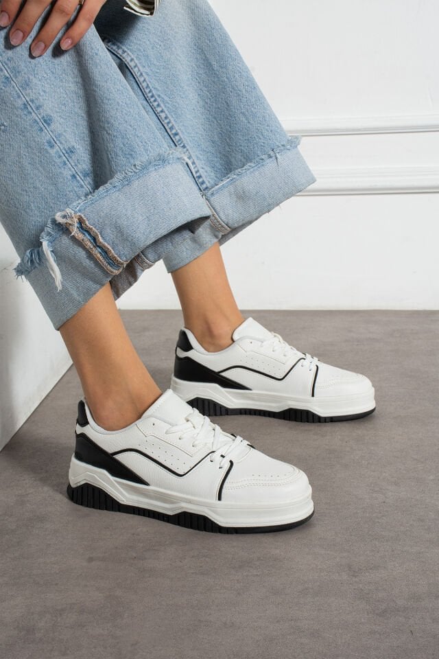 Kadın Günlük Sneaker Şık Spor Ayakkabı Beyaz Siyah - 39