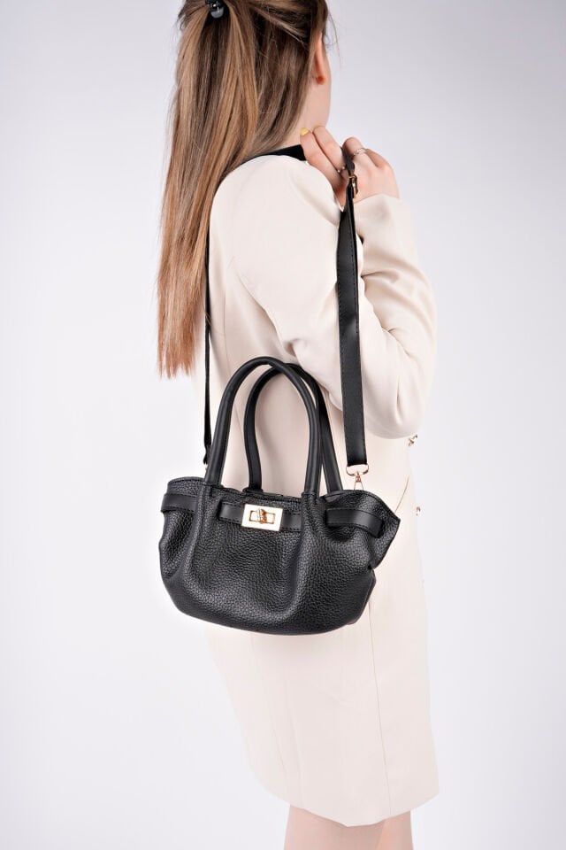 Kadın Şık Mini El Çantası - Deri Dokulu Siyah - Tek Ebat