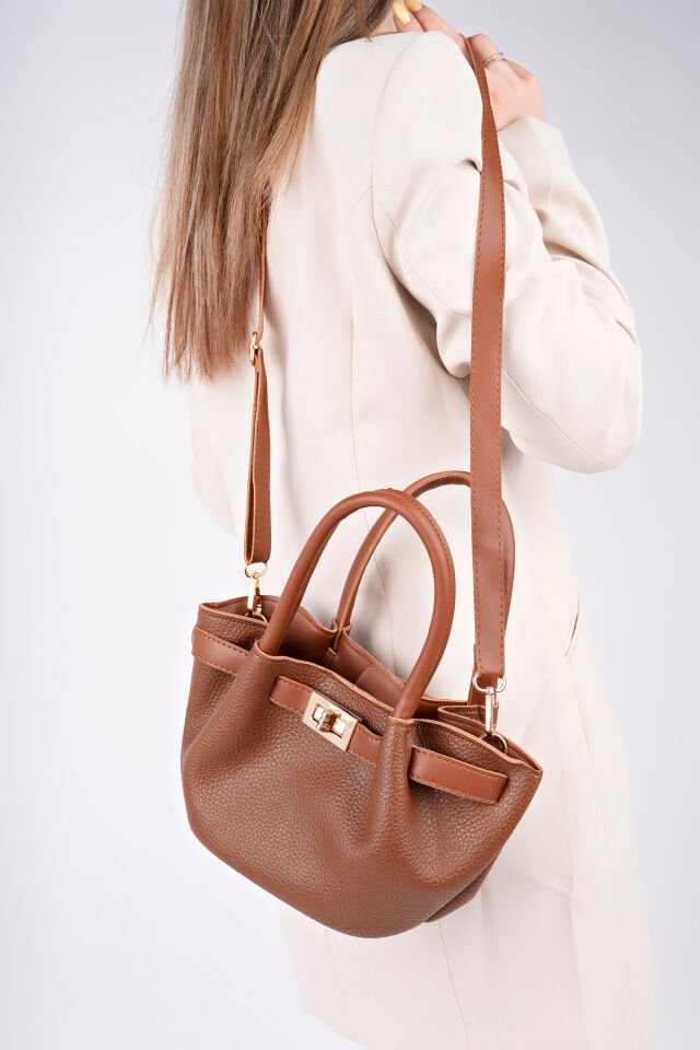 Kadın Şık Mini El Çantası - Deri Dokulu Taba - Tek Ebat