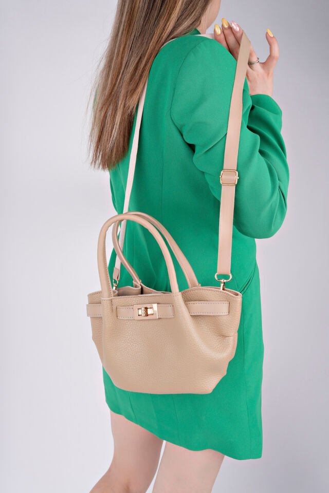 Kadın Şık Mini El Çantası - Deri Dokulu Bej - Tek Ebat