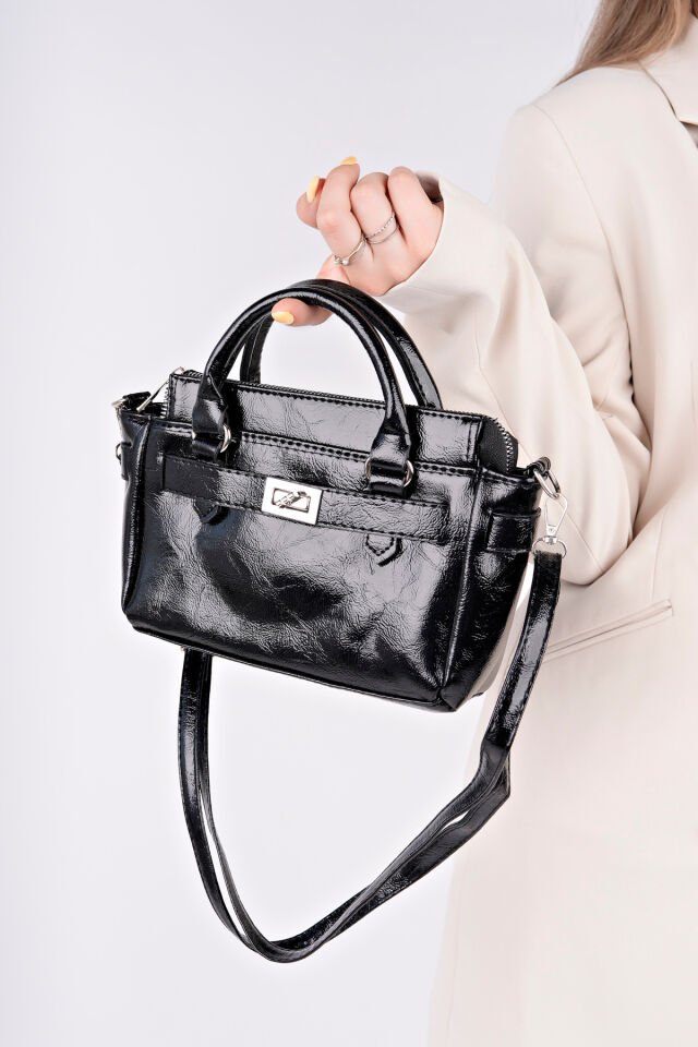 Kadın Rugan Detaylı Çift Askılı Çanta Siyah Rugan - Tek Ebat