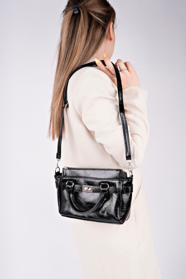 Kadın Rugan Detaylı Çift Askılı Çanta Siyah Rugan - Tek Ebat