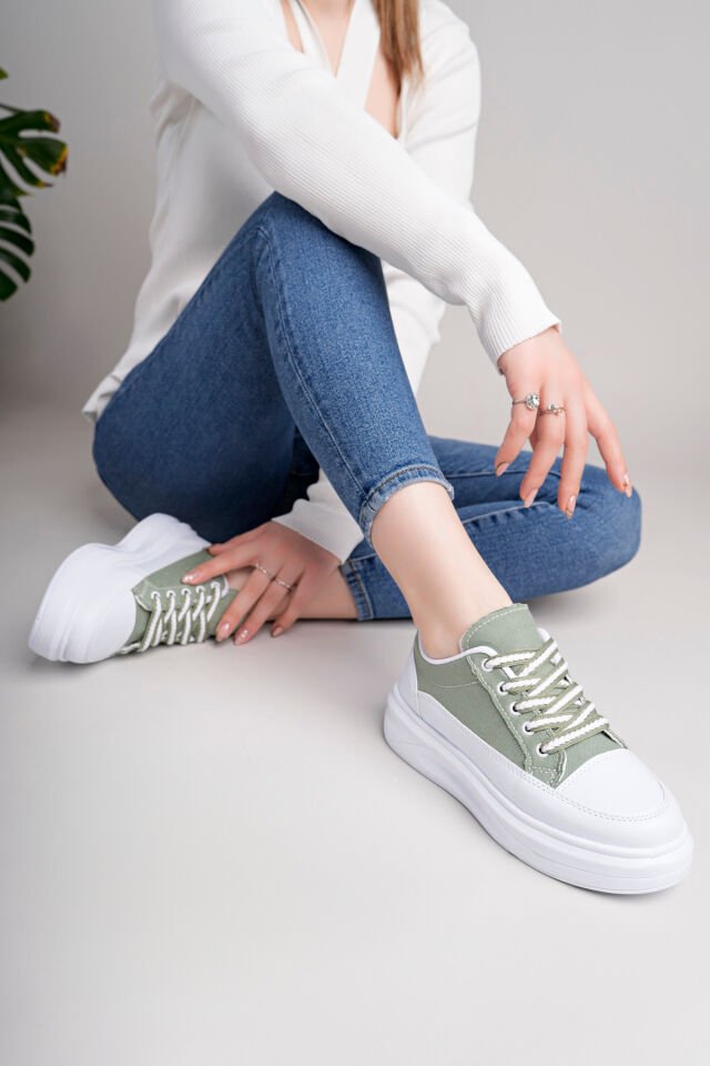 Kadın Yüksek Taban Dama Desenli Günlük Ayakkabı Yeşil Beyaz - 40