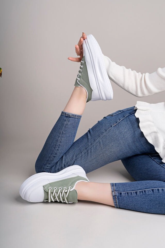 Kadın Yüksek Taban Dama Desenli Günlük Ayakkabı Yeşil Beyaz - 37