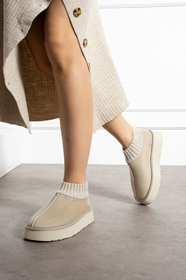 Kadın Triko Boğazlı Kalın Taban Süet İçi Kürklü Şık Günlük Bot Eduarda Bej - 39