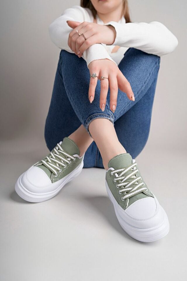 Kadın Yüksek Taban Dama Desenli Günlük Ayakkabı Lavira Yeşil Beyaz - 37