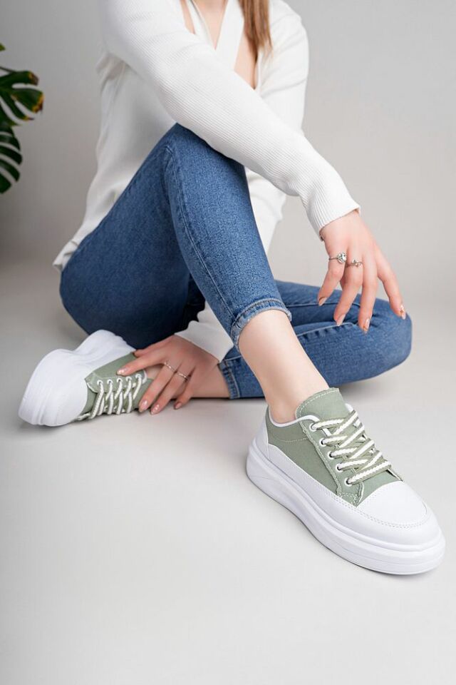 Kadın Yüksek Taban Dama Desenli Günlük Ayakkabı Lavira Yeşil Beyaz - 37