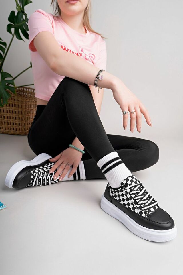 Kadın Yüksek Taban Dama Desenli Günlük Ayakkabı Lavira Siyah Beyaz - 38