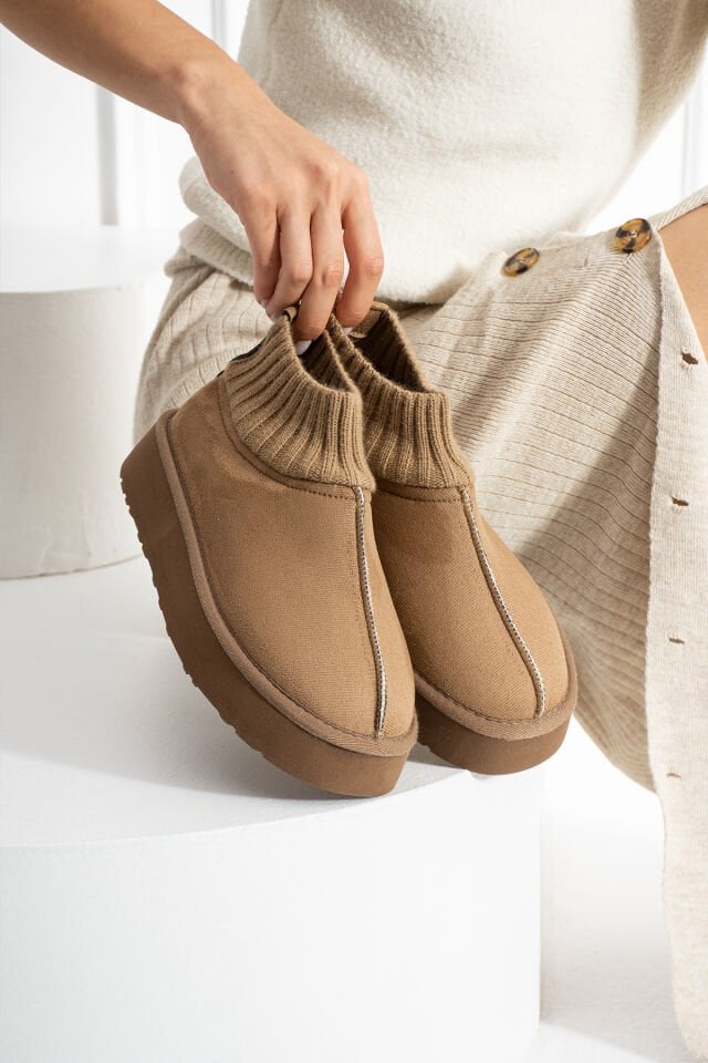 Kadın Triko Boğazlı Kalın Taban Süet İçi Kürklü Şık Günlük Bot Vizon - 37