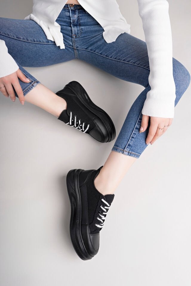 Kadın Yüksek Taban Dama Desenli Günlük Ayakkabı Siyah Siyah - 38