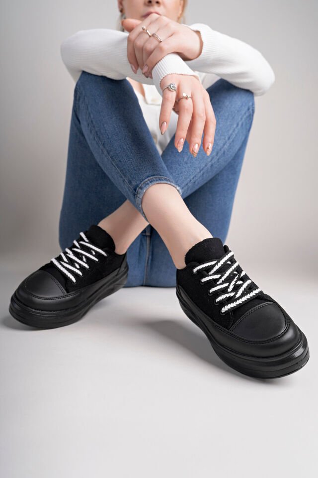 Kadın Yüksek Taban Dama Desenli Günlük Ayakkabı Siyah Siyah - 37