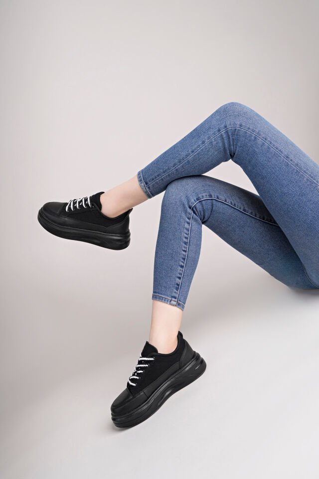 Kadın Yüksek Taban Dama Desenli Günlük Ayakkabı Siyah Siyah - 37