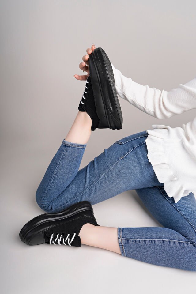 Kadın Yüksek Taban Dama Desenli Günlük Ayakkabı Siyah Siyah - 40