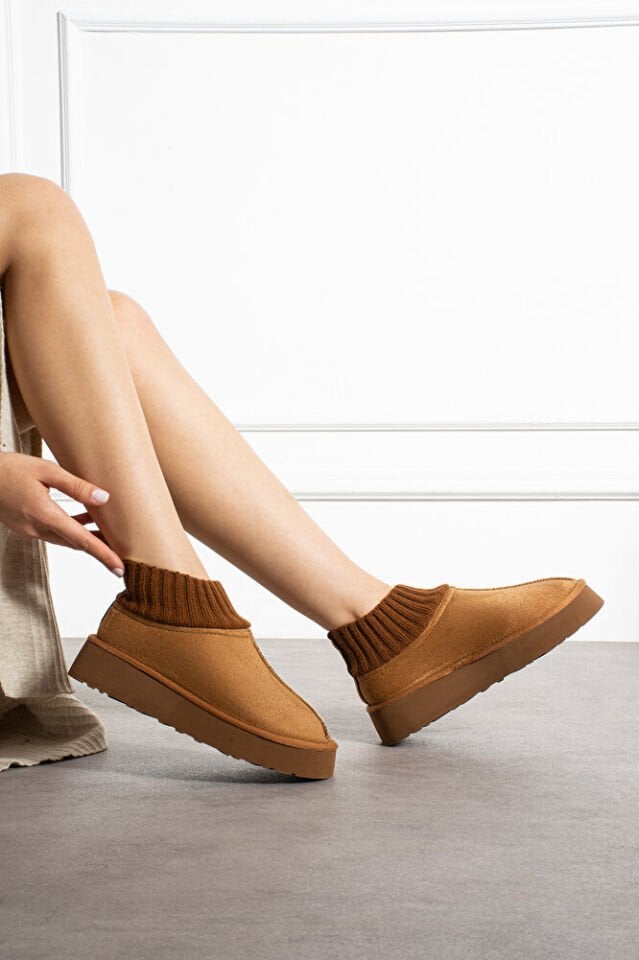 Kadın Triko Boğazlı Kalın Taban Süet İçi Kürklü Şık Günlük Bot Eduarda Taba - 40